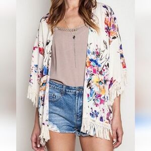 Umgee Fringe Floral Print Kimono Size Medium